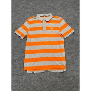 Puma Mens Small Polo Shirt Orange Grey Striped Short Sleeve Pique Golf Athletic